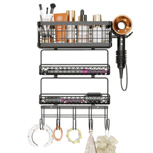 Load image into Gallery viewer, Hair Tool Organizer Wall Mount Metal Hair Dryer Holder with 3 Tier Shelf Storage Wire Basket Hook, Hot Tools Organizer Cabinet Door Flat Iron Holder for Blow Dryer, Curling Iron, Straightener
