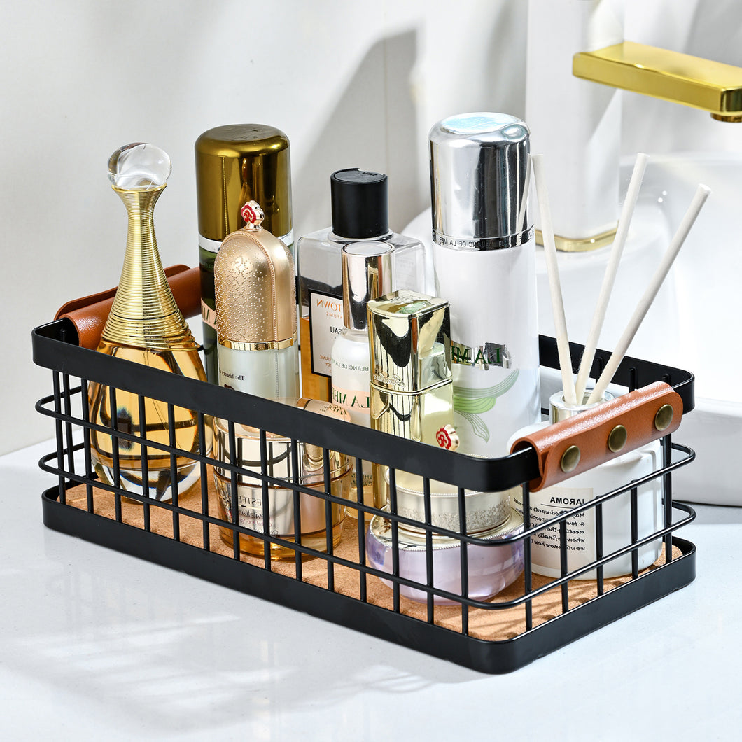 Bathroom Organizer Small Metal Wire Storage Basket with Grip, Bathroom Decor Black Basket Organizer Detachable Wood Base Toilet Tank Basket for Bathroom, Cabinets, Vanity, Laundry Room