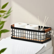 Load image into Gallery viewer, Bathroom Organizer Small Metal Wire Storage Basket with Grip, Bathroom Decor Black Basket Organizer Detachable Wood Base Toilet Tank Basket for Bathroom, Cabinets, Vanity, Laundry Room
