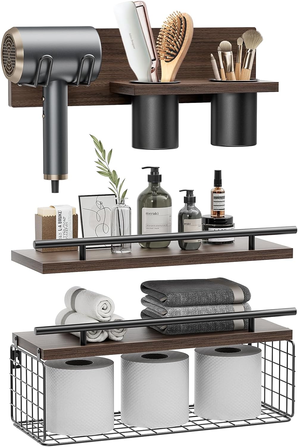 RoleDes Bathroom Floating Shelves with Hair Dryer Holder - Wall Mounted