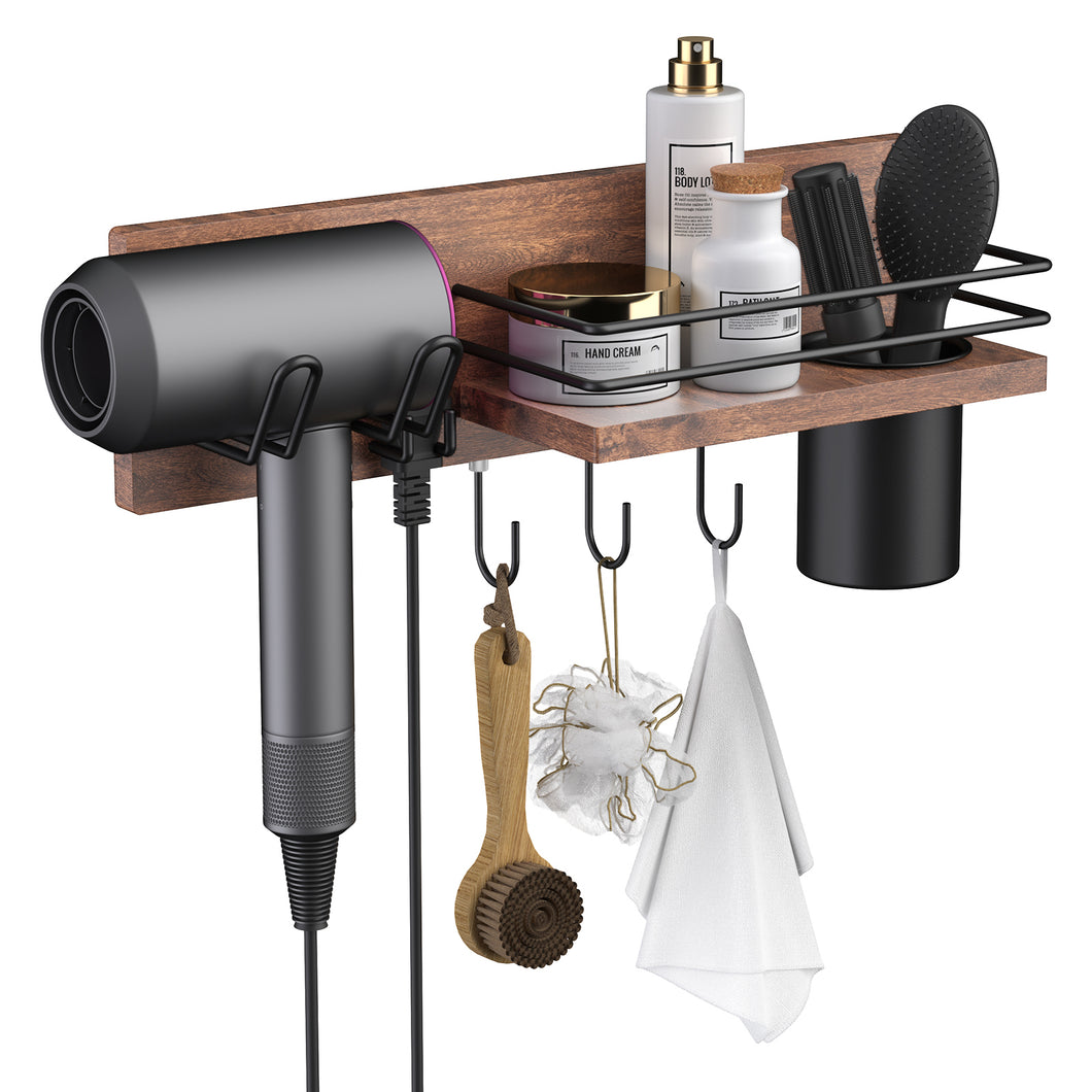 Wooden Hair Dryer Holder Wall Mount,Bathroom Organizer for Styling Tools